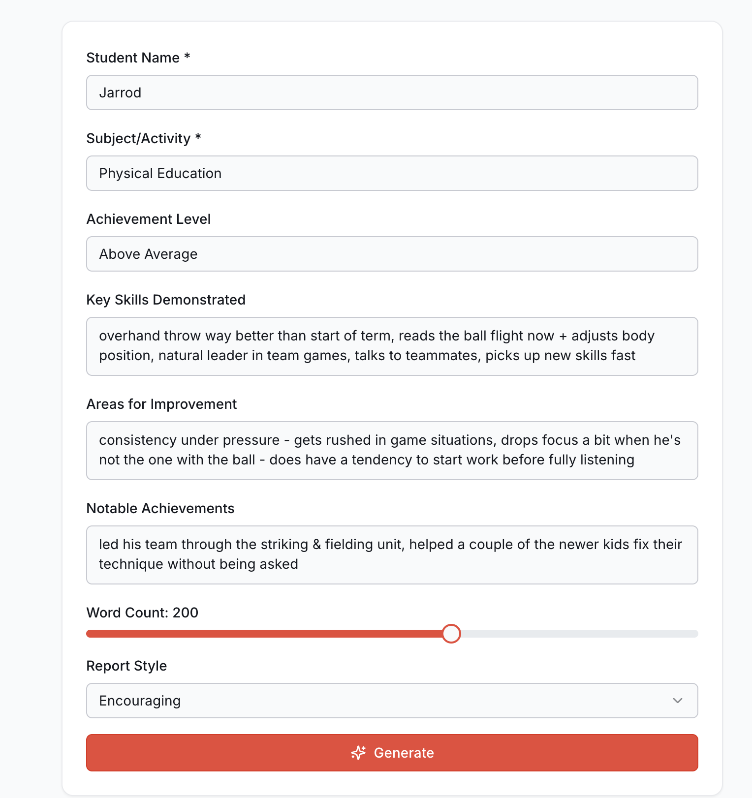 ConnectedPE AI Report Writer showing student input fields for PE report comments